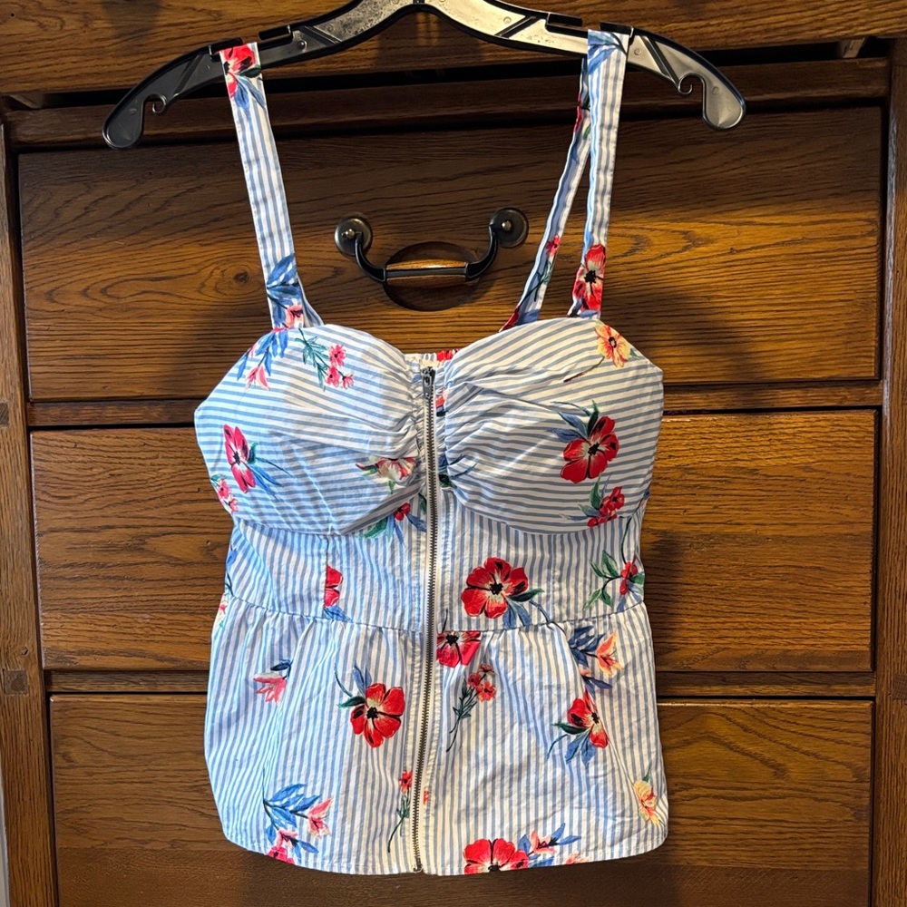 Mine Floral Zip-Front Cami Top Blue and White Striped Background Size Large